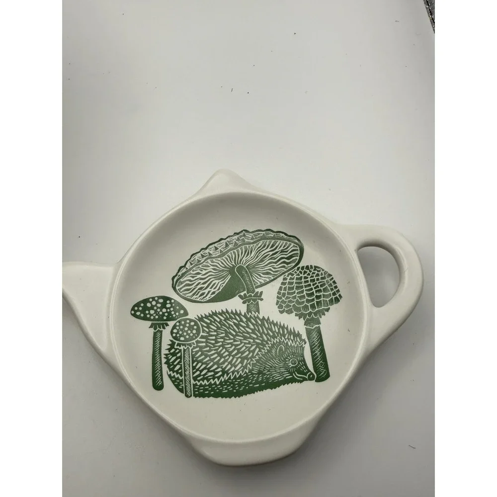 Kate Heiss Hedgehog Mushroom Ceramic Planter and Teapot Tea Bag Rest Set
